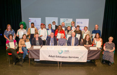 Some of the Level 3 Graduates at the CMETB adult learners graduation function at The Garage Theatre. Also included are Dr Fiona McGrath, Chief Executive, CMETB, Cllr PJ O”Hanlon, Chairman, Dr Linda Pinkster, Director FET CMETB, Joe McGrath, Chairman, CMETB FET Board and Deirdre Bryne, Adult Education Officer, CMETB. Photo Rory Geary