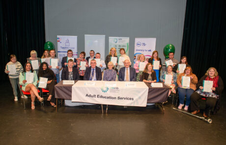 Some of the Level 2 Graduates at the CMETB adult learners graduation function at The Garage Theatre. Also included are Dr Fiona McGrath, Chief Executive, CMETB, Cllr PJ O”Hanlon, Chairman, Dr Linda Pinkster, Director FET CMETB, Joe McGrath, Chairman, CMETB FET Board and Deirdre Bryne, Adult Education Officer, CMETB. Photo Rory Geary