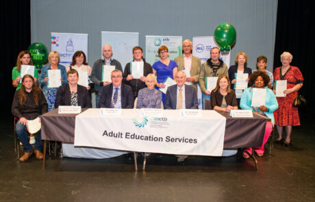 Some of the Level 4 Graduates at the CMETB adult learners graduation function at The Garage Theatre. Also included are Dr Fiona McGrath, Chief Executive, CMETB, Cllr PJ O”Hanlon, Chairman, Dr Linda Pinkster, Director FET CMETB, Joe McGrath, Chairman, CMETB FET Board and Deirdre Bryne, Adult Education Officer, CMETB. Photo Rory Geary