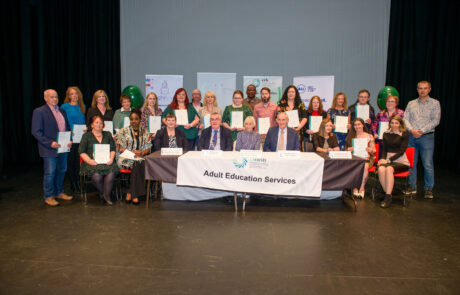 Some of the Level 5 Graduates at the CMETB adult learners graduation function at The Garage Theatre. Also included are Dr Fiona McGrath, Chief Executive, CMETB, Cllr PJ O”Hanlon, Chairman, Dr Linda Pinkster, Director FET CMETB, Joe McGrath, Chairman, CMETB FET Board and Deirdre Bryne, Adult Education Officer, CMETB. Photo Rory Geary