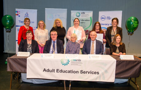 Some of the Level 6 Graduates at the CMETB adult learners graduation function at The Garage Theatre. Also included are Dr Fiona McGrath, Chief Executive, CMETB, Cllr PJ O”Hanlon, Chairman, Dr Linda Pinkster, Director FET CMETB, Joe McGrath, Chairman, CMETB FET Board and Deirdre Bryne, Adult Education Officer, CMETB. Photo Rory Geary