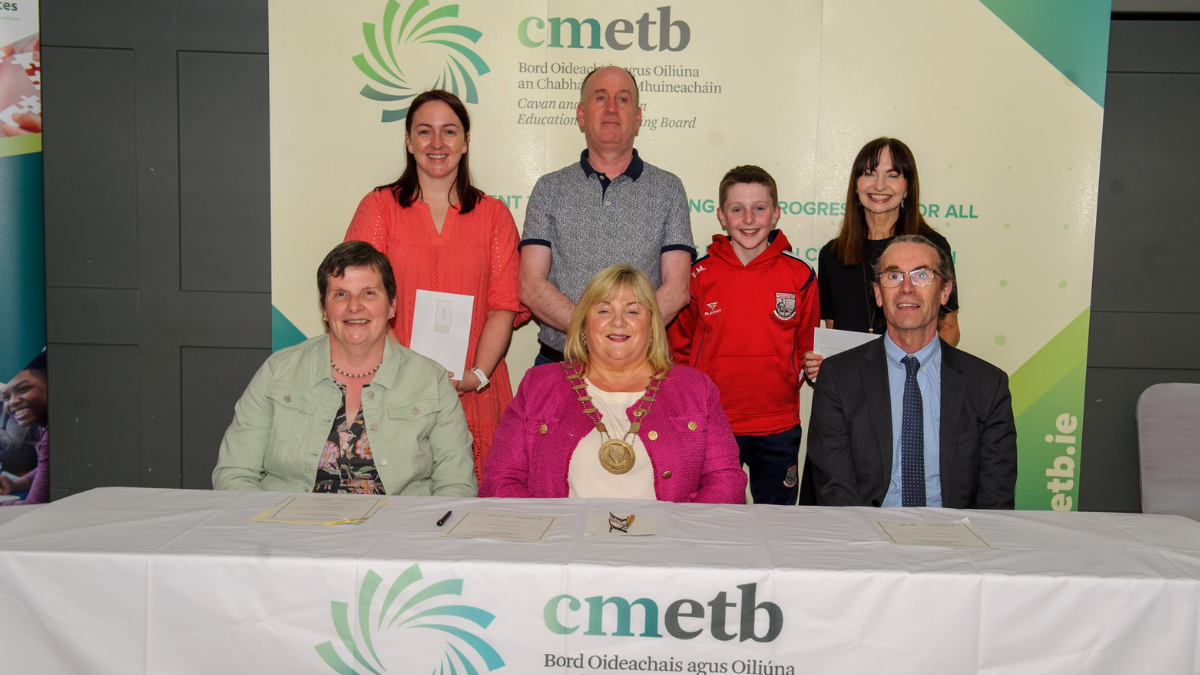 Representatives from Tullycorbet Comhaltas Ceoltoiri Eireann, Tydavnet Area Community Games and Tyholland Community Games, at the CMETB Local Voluntary Youth Club Grant Awards ceremony with front (L-R) Dr Fiona McGrath, Chief Executive, CMETB, Cllr Carmel Brady, Chairperson, CMETB and Cllr Aidan Campbell, Chairman, CMETB Youth Work Committee.