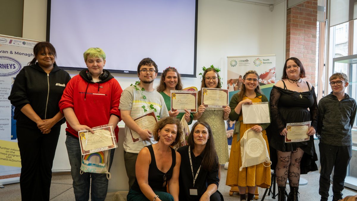 Group photo of youths and CMETB youth workers at an end of year event in Cavan Johnston LIbrary